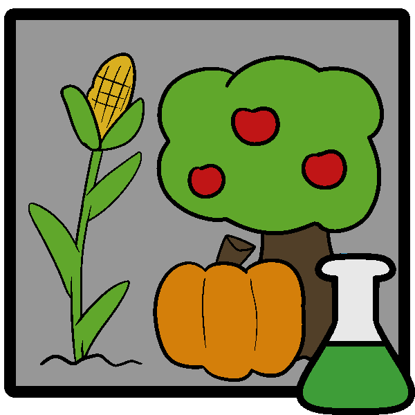 A stalk of corn, a pumpkin, and an apple tree in a frame with a green beaker in the corner.